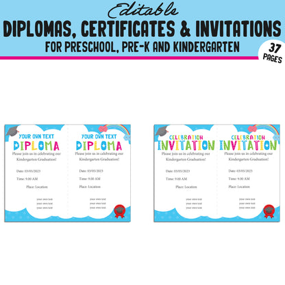 37 Editable Pre-K, Preschool, and Kindergarten Diplomas, Certificates, and Invitations – Instant PDF Download!