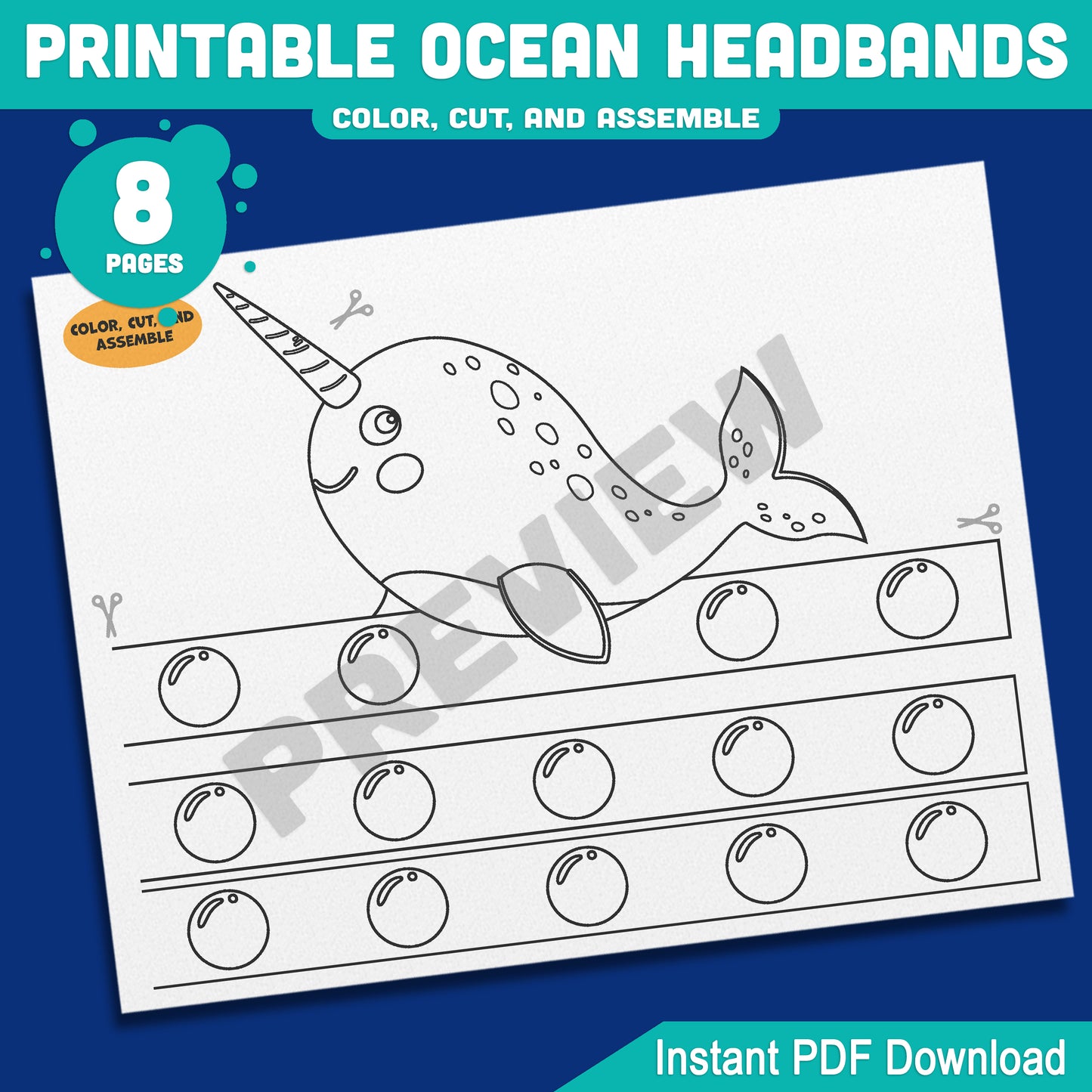 Printable Ocean Headbands Yellow Fin Tuna Orca Killer Whale Narwhal Sailfish Crown Hat Activity, Color Cut and Wear, Pre-color + Black and White
