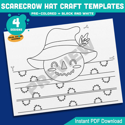 Scarecrow Hat Craft Templates, Autumn Paper Crown, Printable Headband & Hat, Pre-Colored and Black & White, Fall Craft, 4 Designs, A4, US Letter