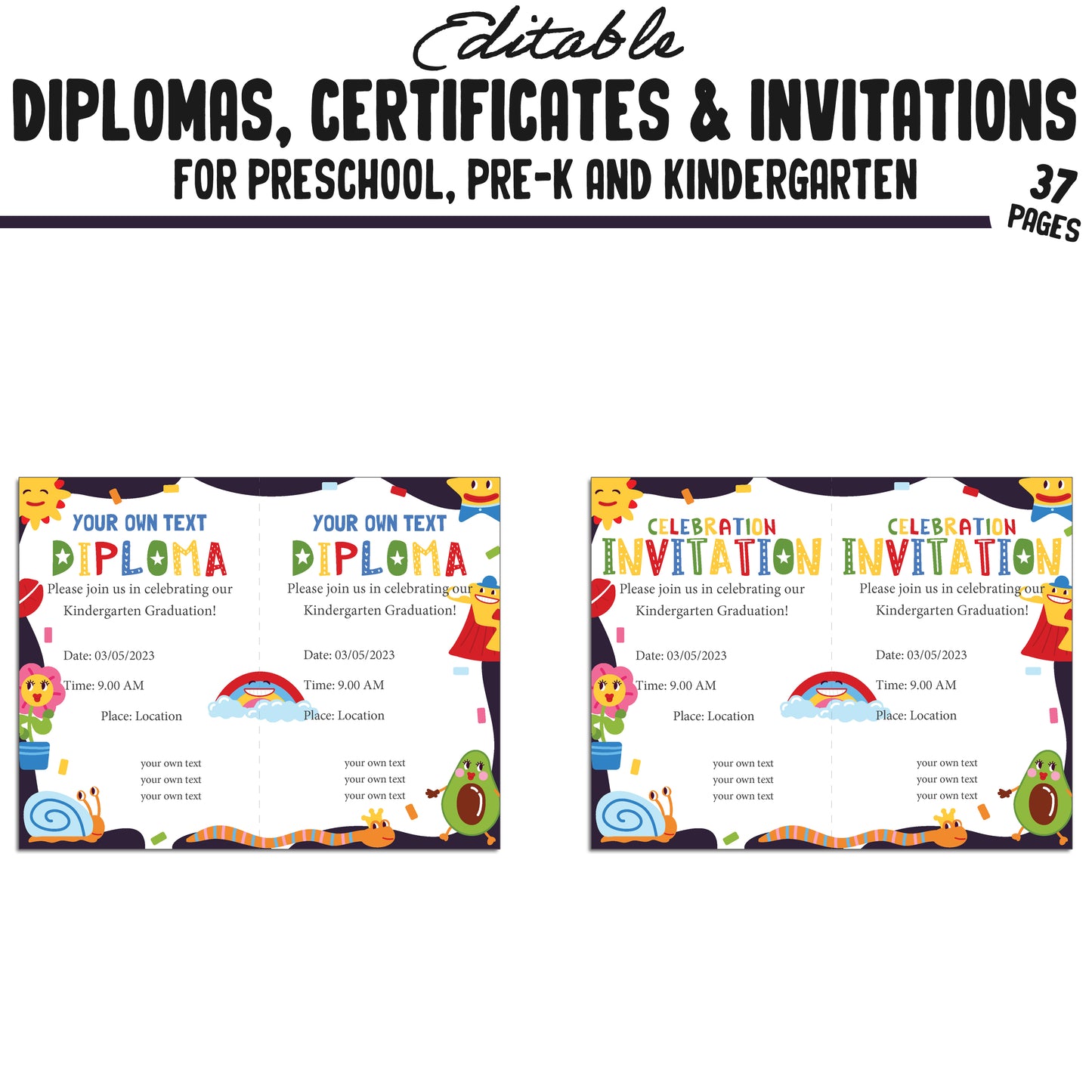 37 Printable Pre-K, Kindergarten, and Preschool Diplomas, Certificates, and Invitation Templates (PDF Files) - Instant Download