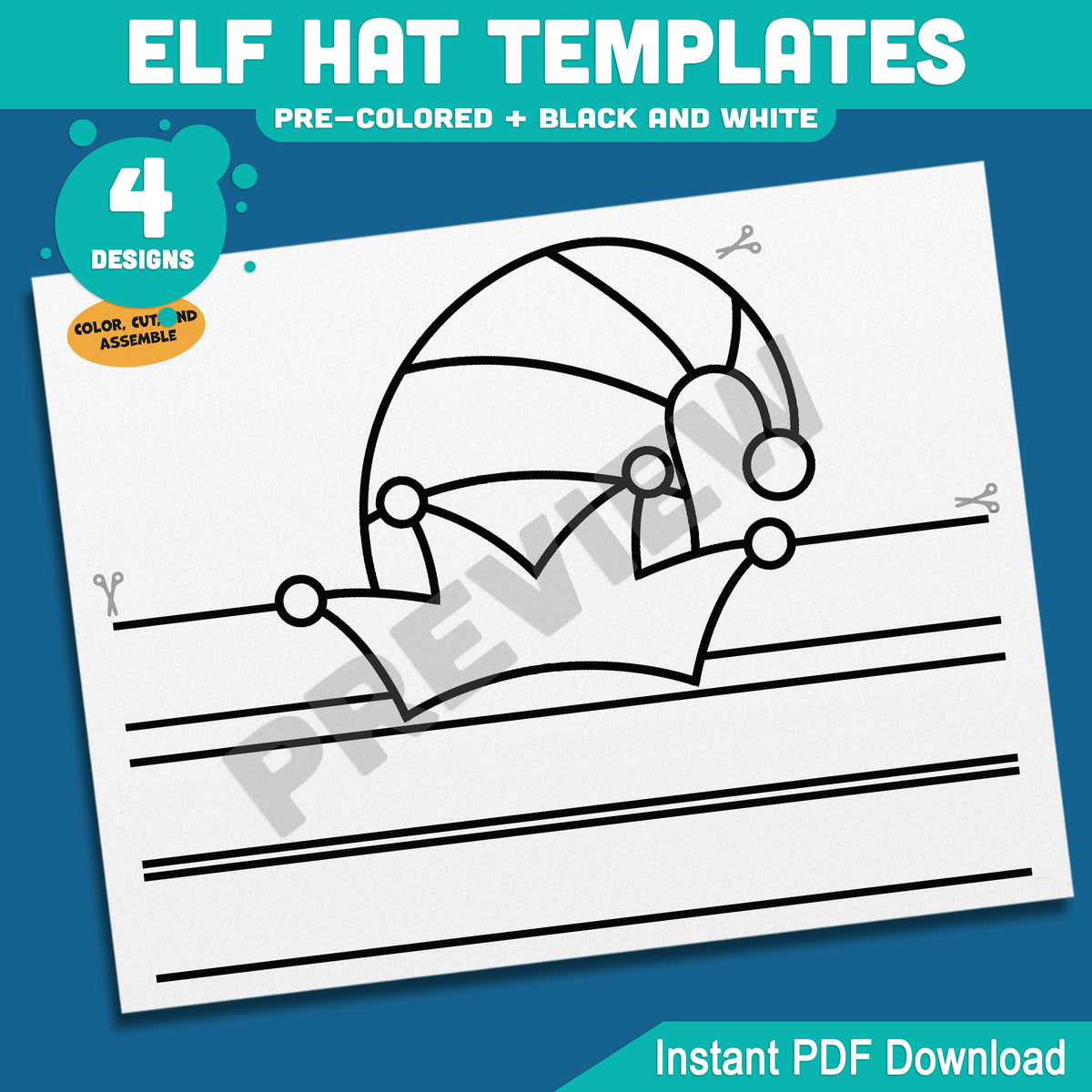 Elf Hat Templates, Coloring Craft and Printable Paper Headwear
