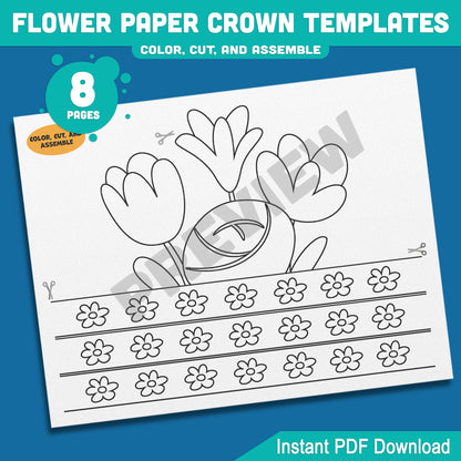Spring Flower Paper Crown Templates: 4 Cute Hat Designs for Kids in Color and Black & White, Fun Printable Headbands, 8 Pages PDF