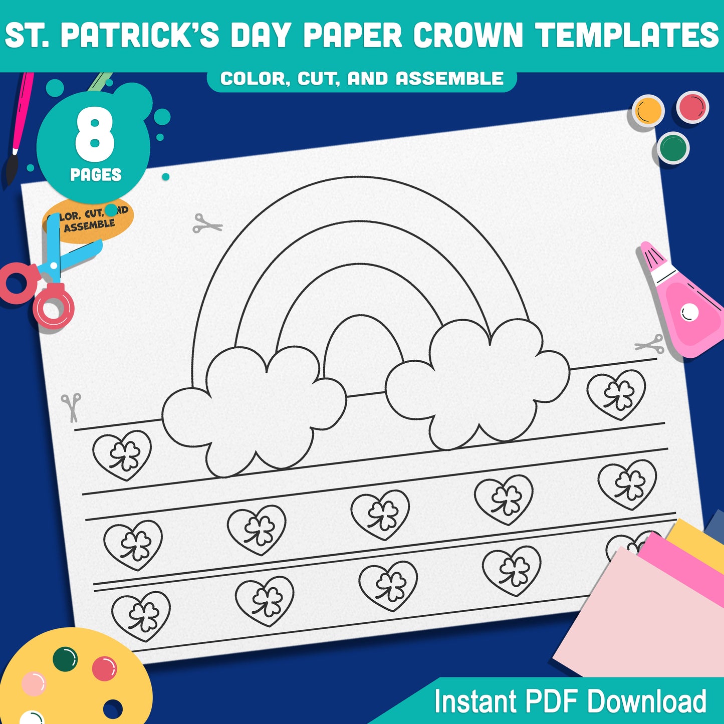 St. Patrick’s Day Paper Crown Templates – Wearable Craft for Kids, Lucky Shamrock Headband, Leprechaun Classroom Hat, Pre-color + Black & White