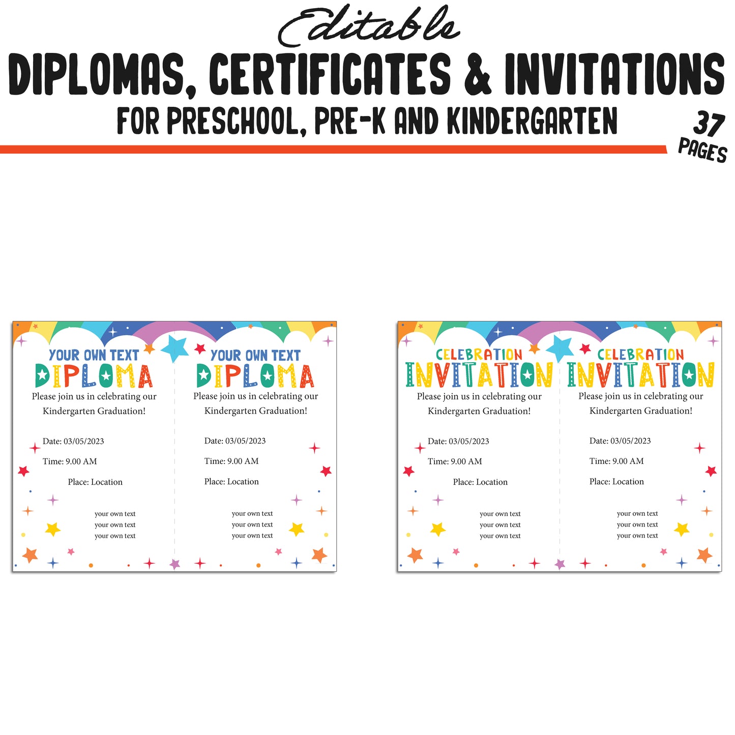 37 Customizable Rainbow-Themed Pre-K, Kindergarten, and Preschool Diplomas, Certificates, and Invitation Templates (PDF) - Instant Download
