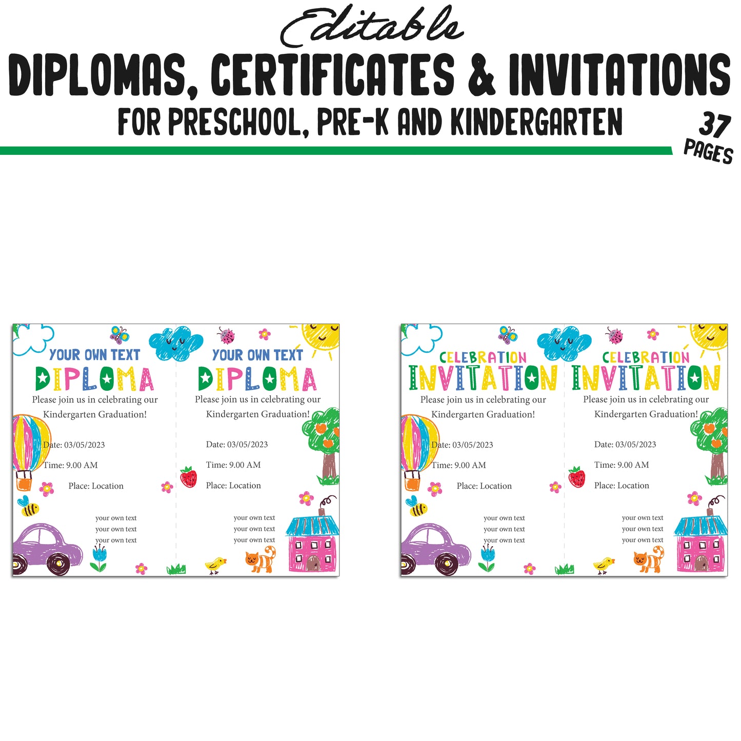 37 Customizable Kids' Drawing Pencil-Themed Pre-K, Kindergarten, and Preschool Diplomas, Certificates, and Invitation Templates (PDF)