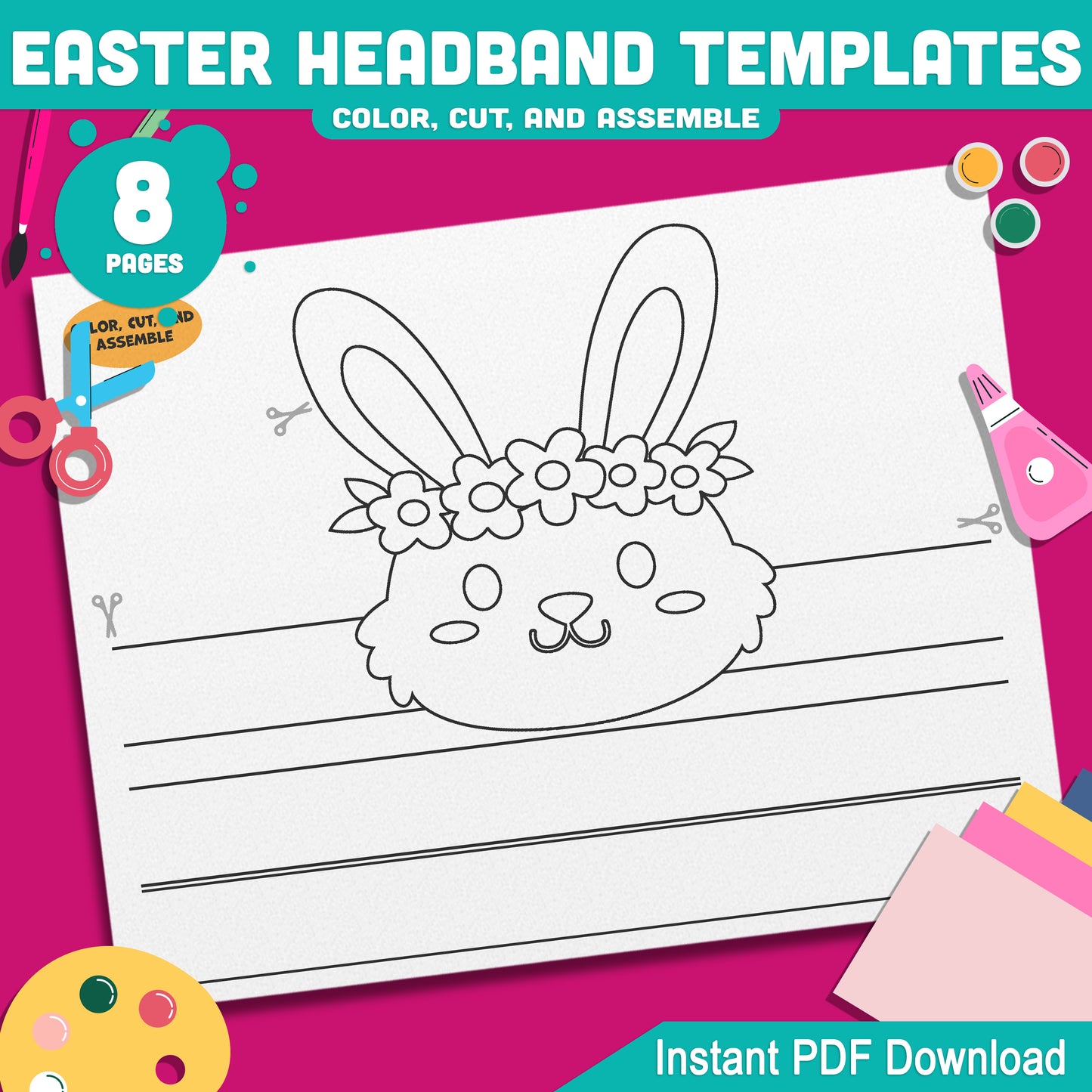 Easter Headband Templates for Kids – Bunny, Chick, Easter Egg & Lamb Wearable Crown Craft, Pre-color + Black & White PDF