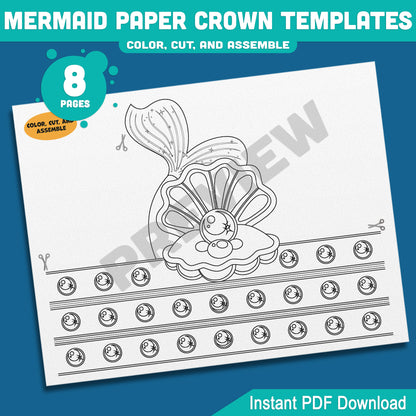 Mermaid Paper Crown, Hat, and Headband Craft for Kids – Fun Printable Designs in Color & Black and White, Instant 8-Page PDF Download