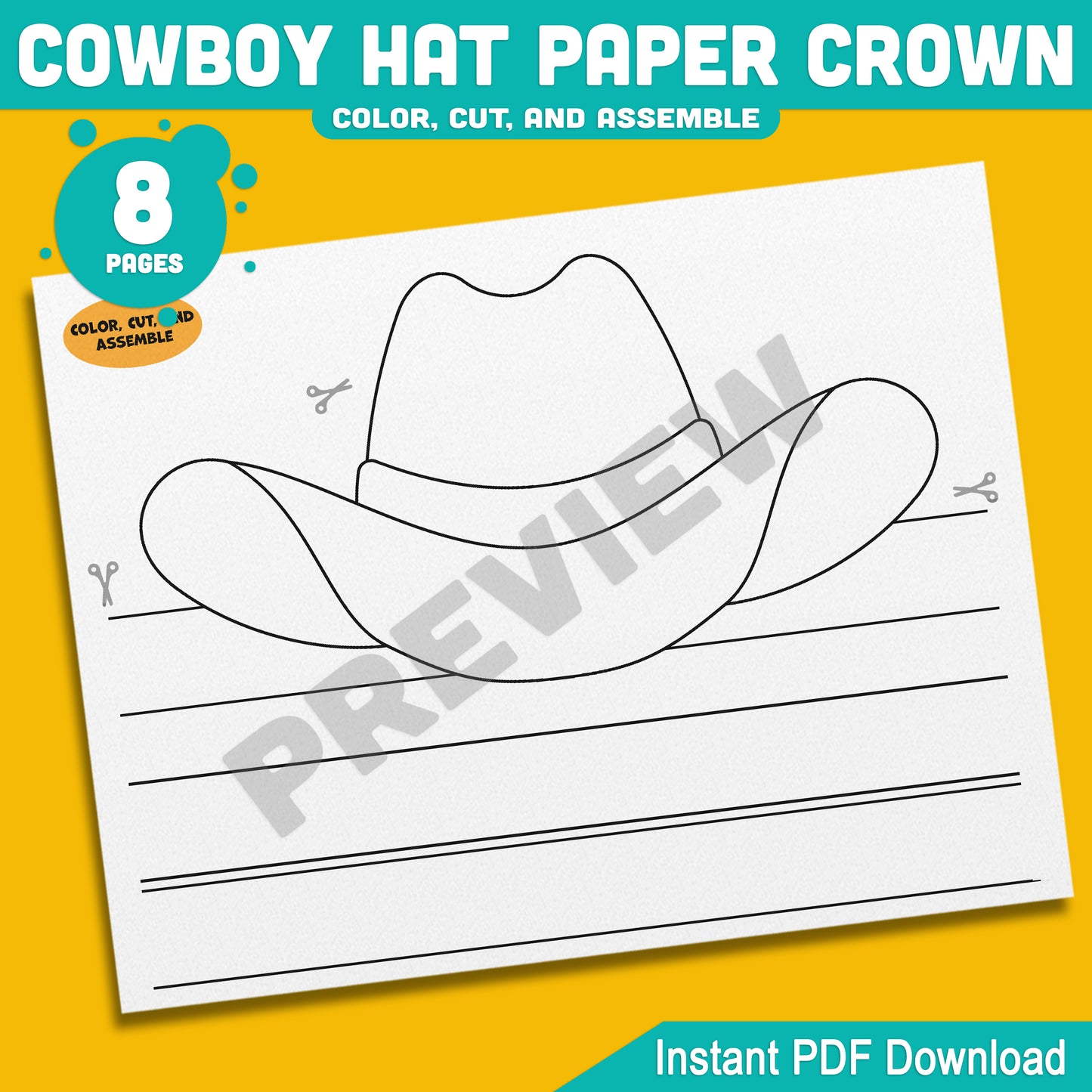 Cowboy and Cowgirl Paper Hat Crowns – Western-Themed Headband Crafts for Kids, 4 Designs, Pre-Colored & Black and White, PDF