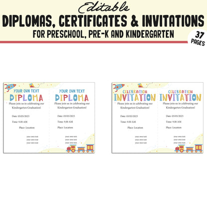 Kindergarten, Preschool, Pre K Certificates, Diplomas, End of the Year & Invitations, 37 Customizable PDF Pages, Instant Download