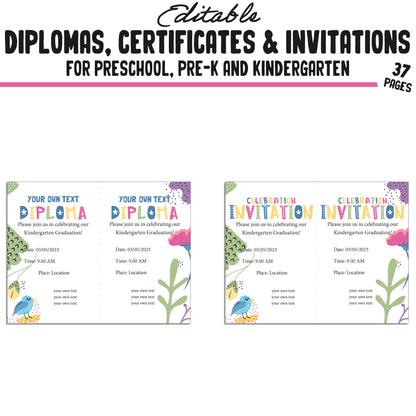 Preschool, Pre K, Kindergarten Graduation Certificates, Diplomas & Invitations, 37 Customizable PDF Pages, Instant Download