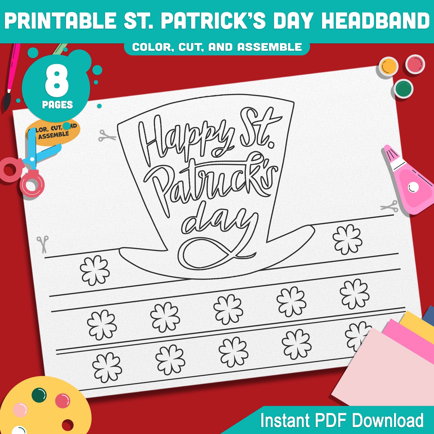 Printable St. Patrick’s Day Headband and Crown Hat Crafts for Kids, Lucky Leprechaun Shamrock Paper Wearable Set, Party Play Activity, Pre-color + Black & White PDF