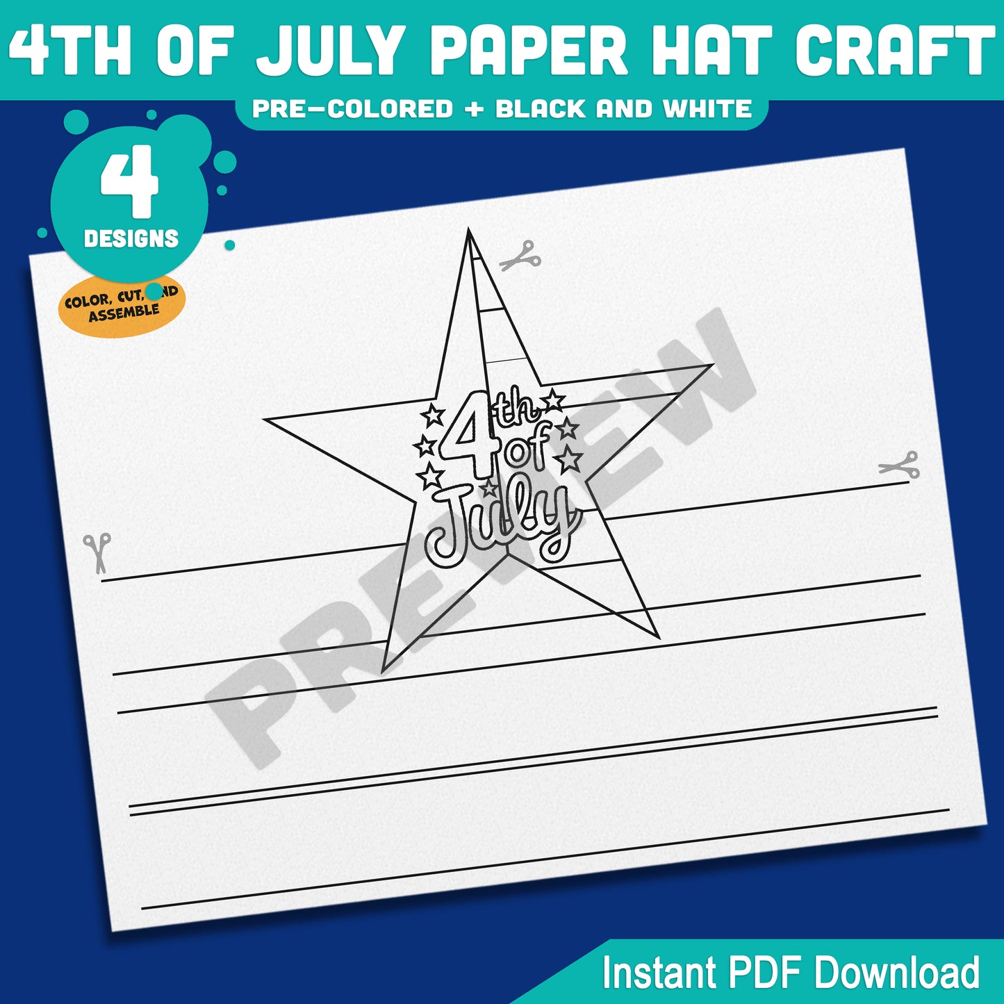 4th of July Paper Hat Craft, Patriotic Wearable Craft Activity for Kids, Printable Independence Day Party Hat Templates