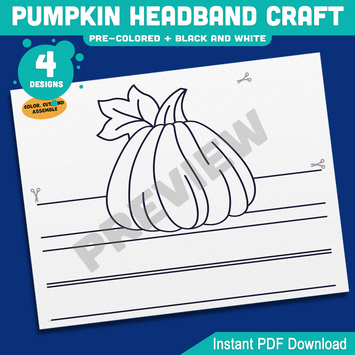 Pumpkin Headband Craft, Printable Autumn Crown, Paper Hat Activity, Pre-Colored & Black and White, Fall Craft for Kids, 4 Designs, A4, US Letter