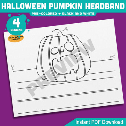 Halloween Pumpkin Headband Craft, Printable Pumpkin Hat, Autumn Paper Crown, Pre-Colored and Black & White, 4 Designs, US Letter, A4 PDF