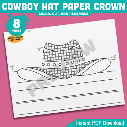 Cowboy and Cowgirl Paper Hat Crowns – Western-Themed Headband Crafts for Kids, 4 Designs, Pre-Colored & Black and White, PDF