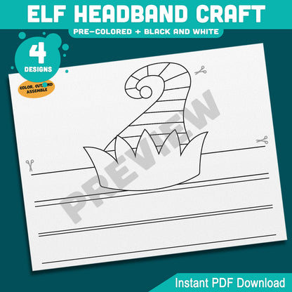 Elf Headband Craft, Holiday Coloring Activity for Kids, Cut and Assemble Paper Hat