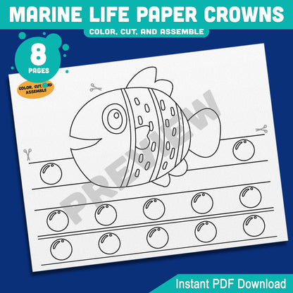 Marine Life Paper Crowns – Printable 8-Page Set with Pre-Colored + Black & White Sea Creatures, Great for Crafts and Pretend Play Activities