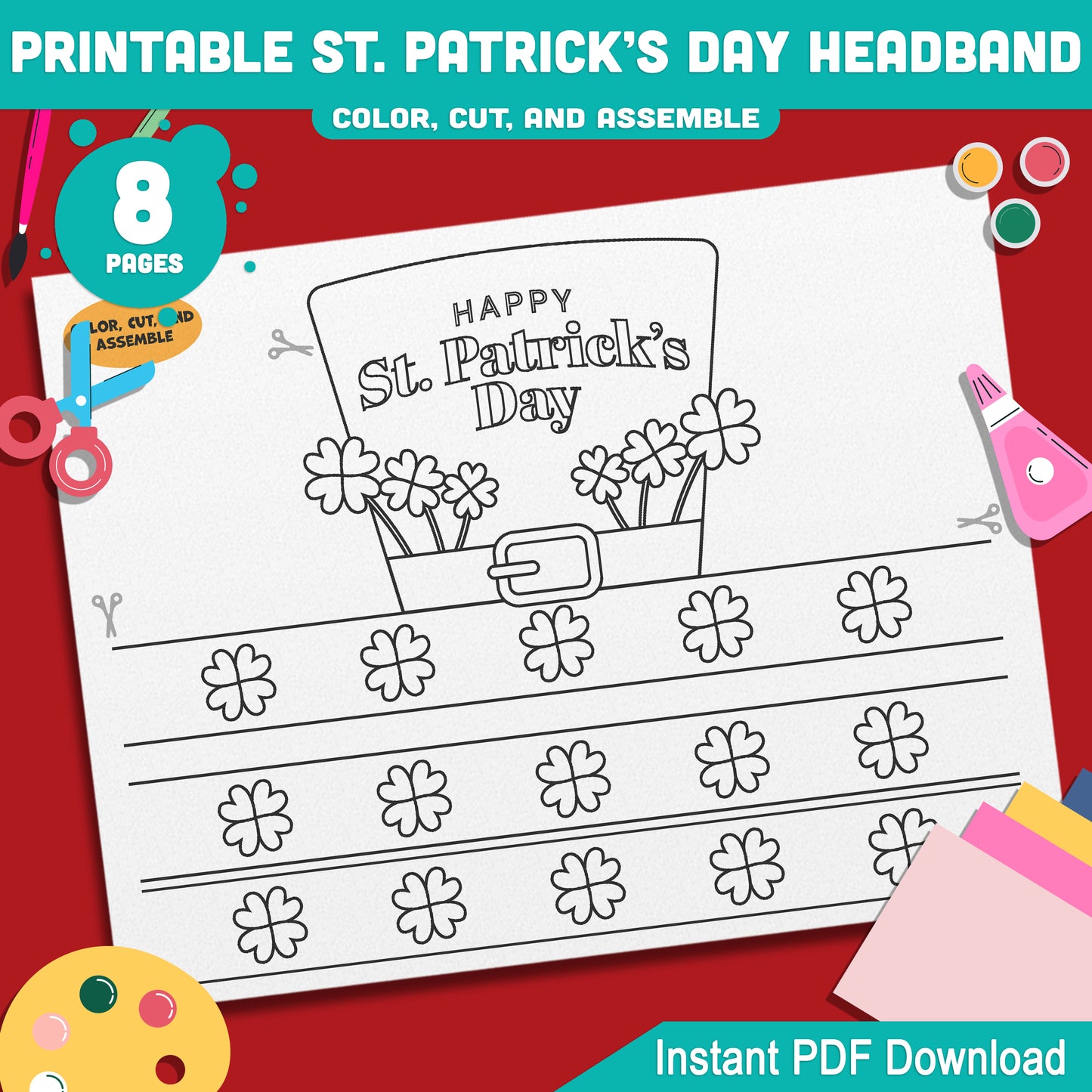 Printable St. Patrick’s Day Headband and Crown Hat Crafts for Kids, Lucky Leprechaun Shamrock Paper Wearable Set, Party Play Activity, Pre-color + Black & White PDF