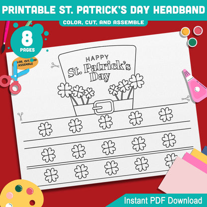 Printable St. Patrick’s Day Headband and Crown Hat Crafts for Kids, Lucky Leprechaun Shamrock Paper Wearable Set, Party Play Activity, Pre-color + Black & White PDF