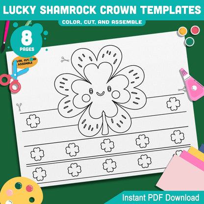 Lucky Shamrock Crown Templates – St. Patrick’s Day Wearable Craft, Shamrock Paper Crowns, Leprechaun School Headband, Play Party Hat, Pre-color + Black & White