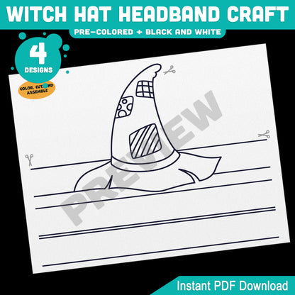 Witch Hat Headband & Crown Craft, Halloween Craft Templates for Kids, Paper Witch Hat, Pre-Colored + Black & White Printable Activity