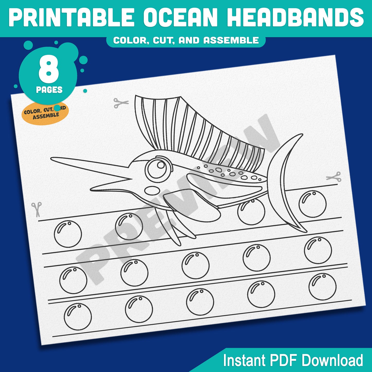 Printable Ocean Headbands Yellow Fin Tuna Orca Killer Whale Narwhal Sailfish Crown Hat Activity, Color Cut and Wear, Pre-color + Black and White
