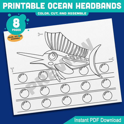 Printable Ocean Headbands Yellow Fin Tuna Orca Killer Whale Narwhal Sailfish Crown Hat Activity, Color Cut and Wear, Pre-color + Black and White