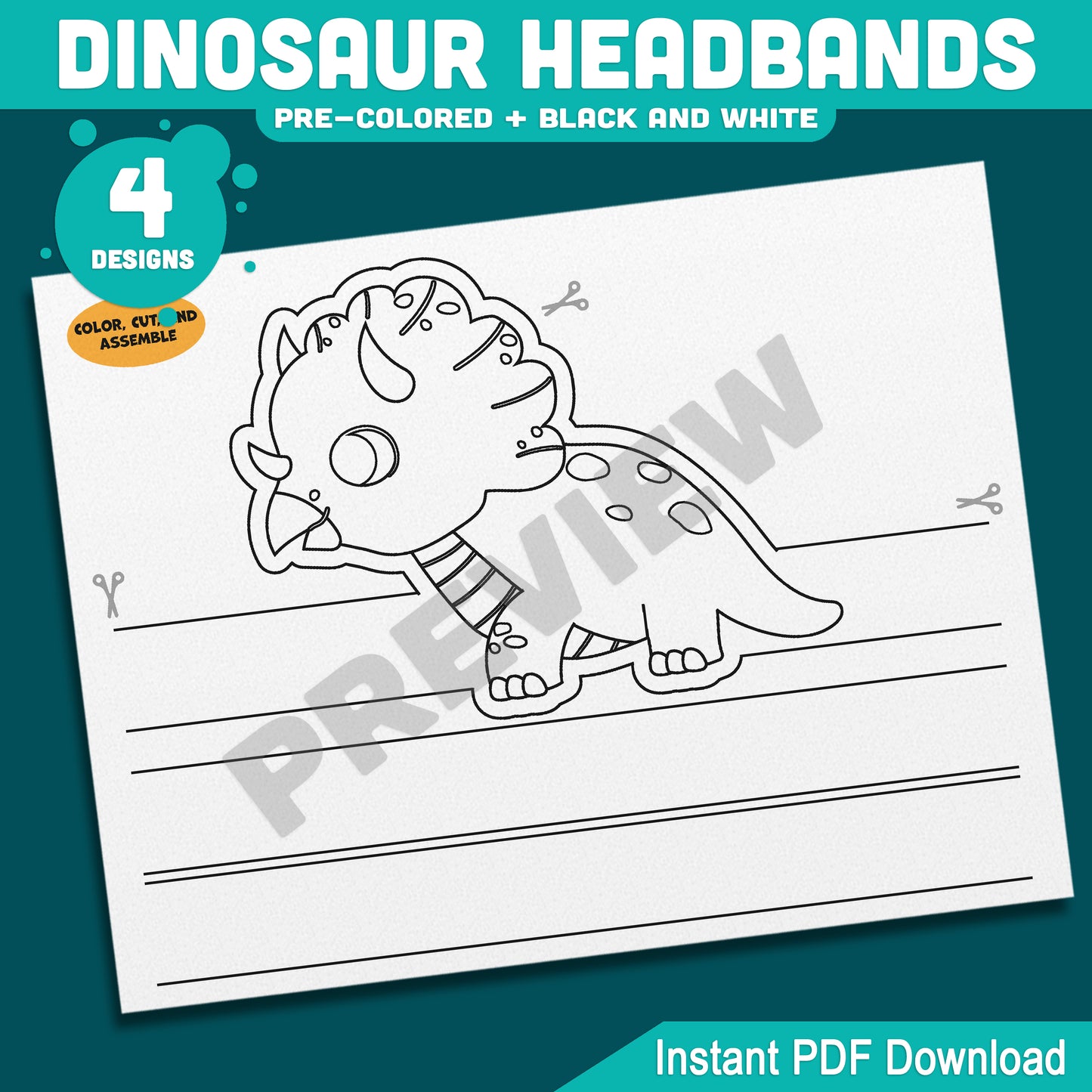 Printable Dinosaur Headbands, Paper Crowns, Color Your Own Hats, Dinosaur Craft Activity, Pre-Colored, Black & White, US Letter, A4