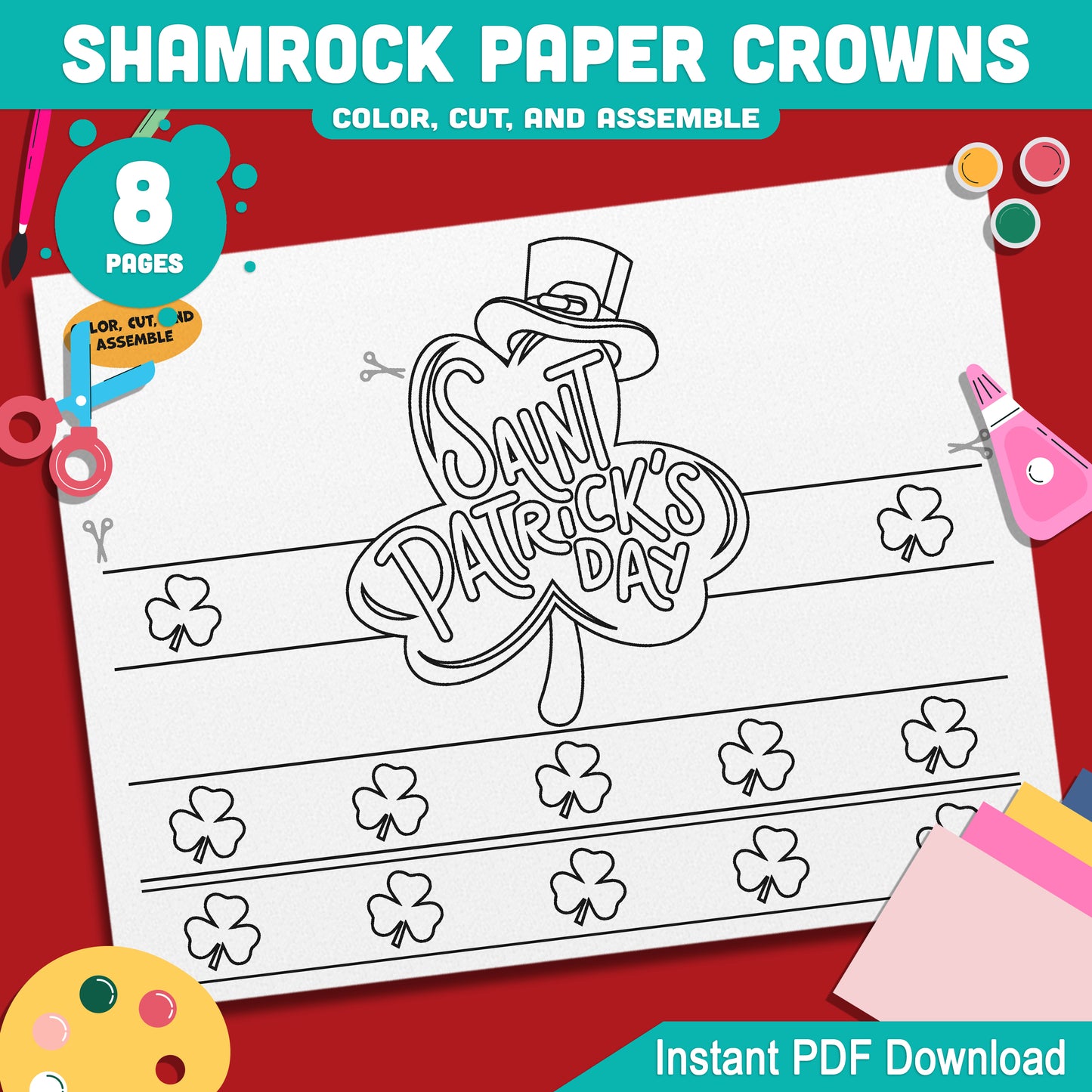 Shamrock Paper Crowns – St. Patrick’s Day Printable Headband Craft for Kids, Lucky Leprechaun Crown, School Party Paper Hat, Pre-color + Black & White