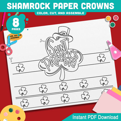 Shamrock Paper Crowns – St. Patrick’s Day Printable Headband Craft for Kids, Lucky Leprechaun Crown, School Party Paper Hat, Pre-color + Black & White