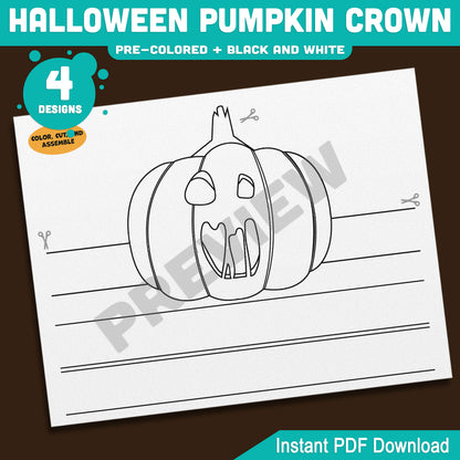Halloween Pumpkin Crown, Printable Pumpkin Headband, Paper Hat Craft, Pre-Colored and Black & White, 4 Designs, Halloween Activity, A4, US Letter