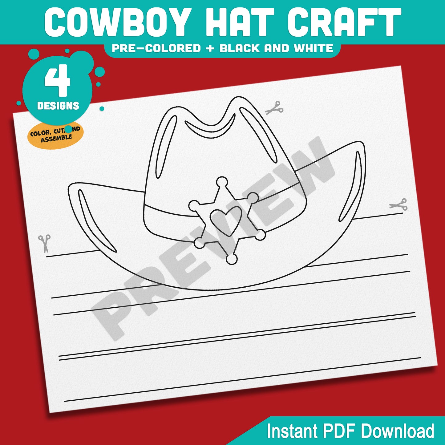 Cowboy Hat Craft, Wild West Headband Activity, Cowgirl & Cowboy Coloring Template, Summer Fun Printable, PDF Download