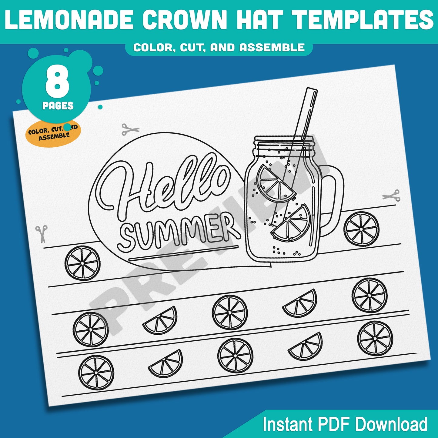 Lemonade Crown Hat Templates – Printable Summer Headband Craft for Kids, 8 Pages with Coloring Option, Instant PDF Download