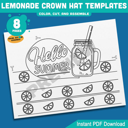 Lemonade Crown Hat Templates – Printable Summer Headband Craft for Kids, 8 Pages with Coloring Option, Instant PDF Download
