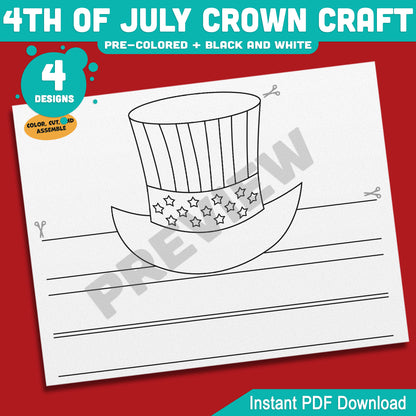 4th of July Crown Craft, Printable Holiday Headband Activity for Kids, Patriotic Coloring and Wearable Crown Templates