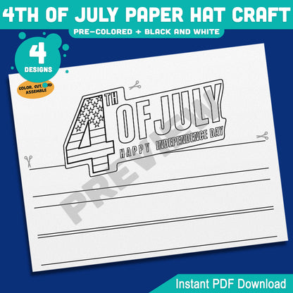 4th of July Paper Hat Craft, Patriotic Wearable Craft Activity for Kids, Printable Independence Day Party Hat Templates