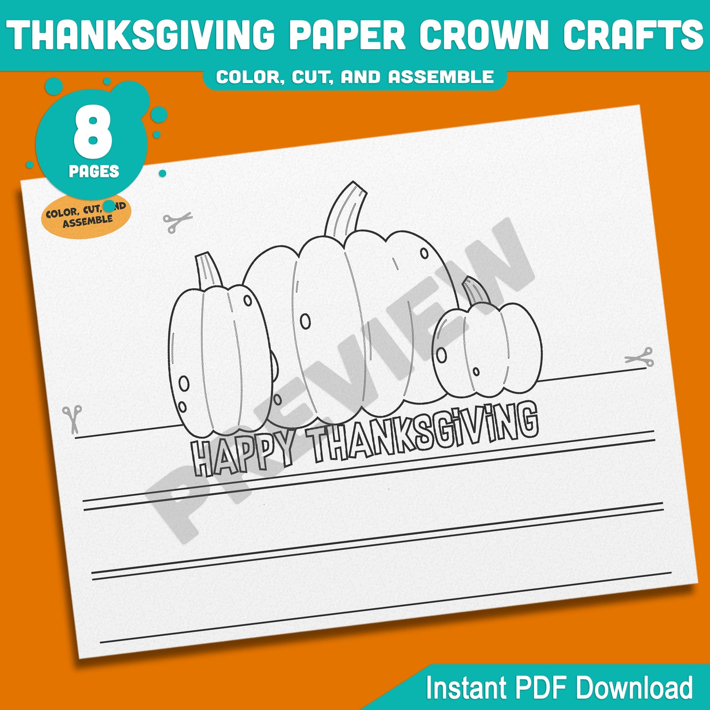 Printable Happy Thanksgiving Paper Crown Crafts, Fall Hat & Autumn Headband Activity for Kids, Party Paper Hat, 4 Designs, Pre-color + Black & White, PDF