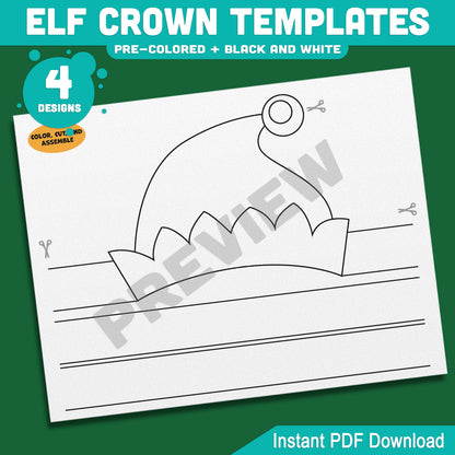 Elf Crown Templates, Christmas Coloring and Cutting Activity
