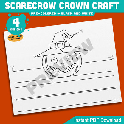 Scarecrow Crown Craft, Fall Paper Crown & Hat Activity, Printable Headband, Pre-Colored and Black & White, Autumn Craft, 4 Designs, A4, US Letter