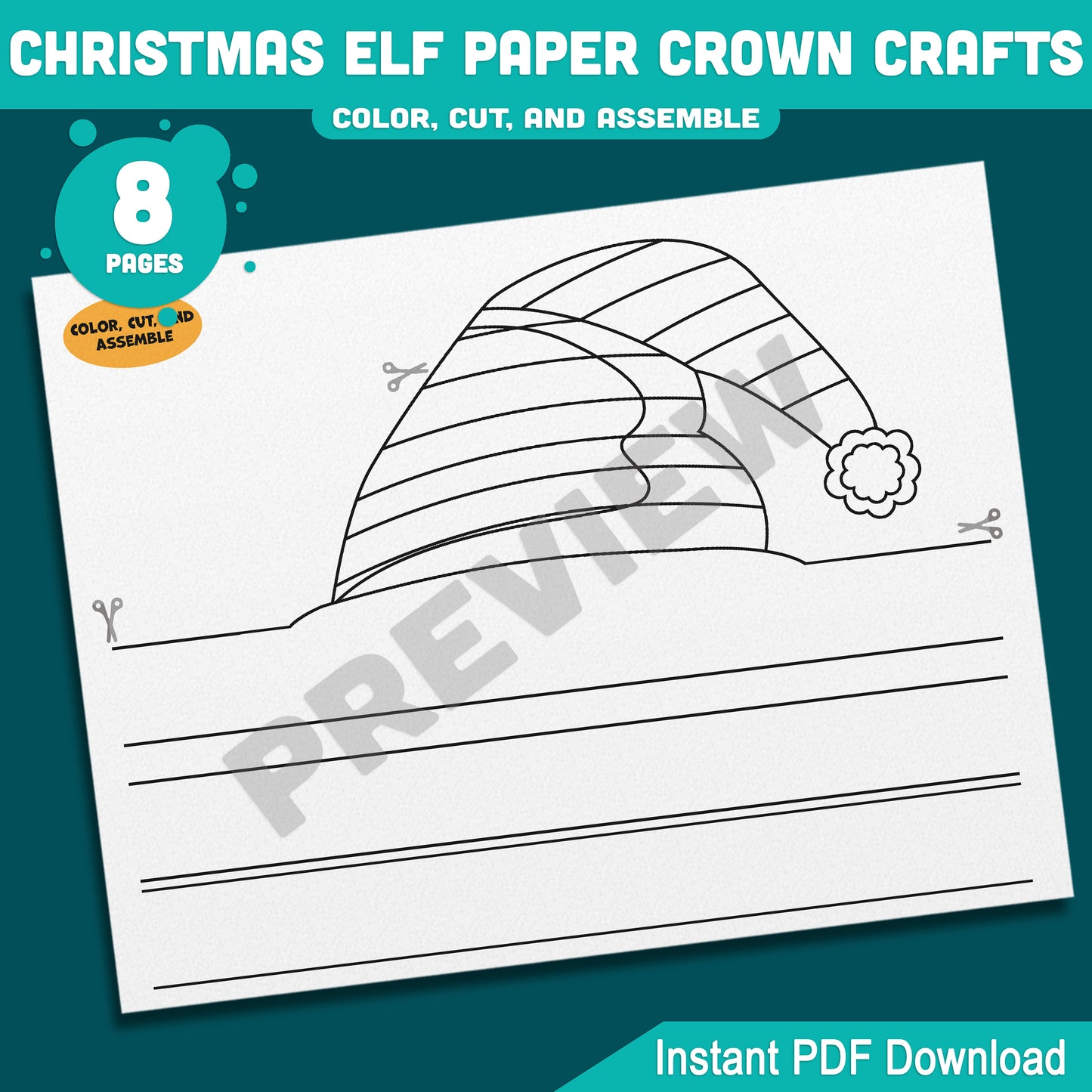 Printable Christmas Elf Paper Crown Crafts, Fun Winter Hat and Headband Activity, Christmas Play Paper Hat to Color, Cut & Assemble, 4 Designs, Pre-color + Black & White, Instant PDF Download