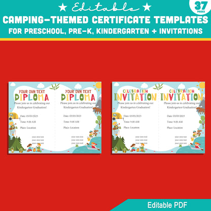 Preschool to Kindergarten Camping Certificate Pack – 37 Editable Templates with Diplomas & Invitations, Fun Outdoor Theme PDF Download