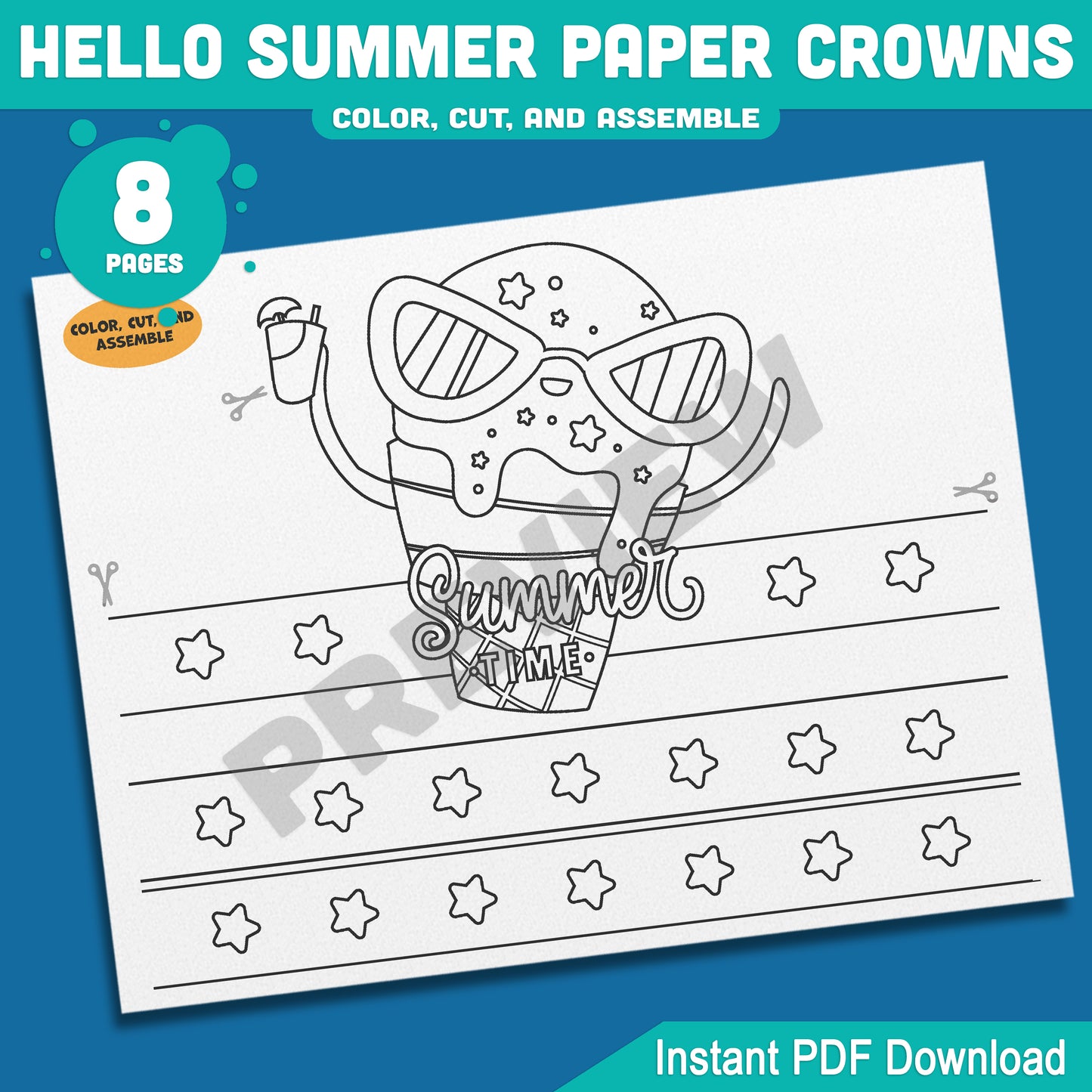 Hello Summer Paper Crown Craft for Kids – Beach Headbands in 4 Designs, Color and Black & White Printable Hats, Instant PDF, 8 Pages