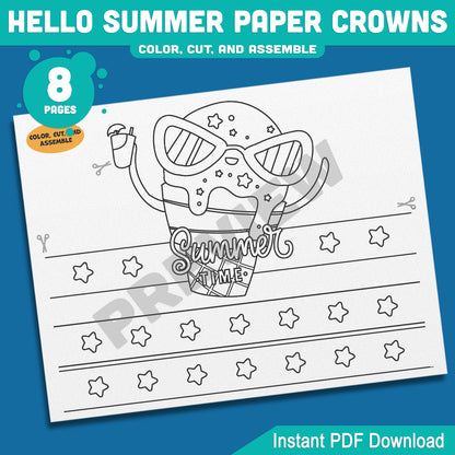 Hello Summer Paper Crown Craft for Kids – Beach Headbands in 4 Designs, Color and Black & White Printable Hats, Instant PDF, 8 Pages