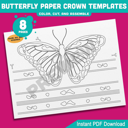 Printable Butterfly Paper Crowns – 4 Adorable Designs for Spring Headband Crafts, Pre-Colored + B&W Versions, 8 Pages for Kids