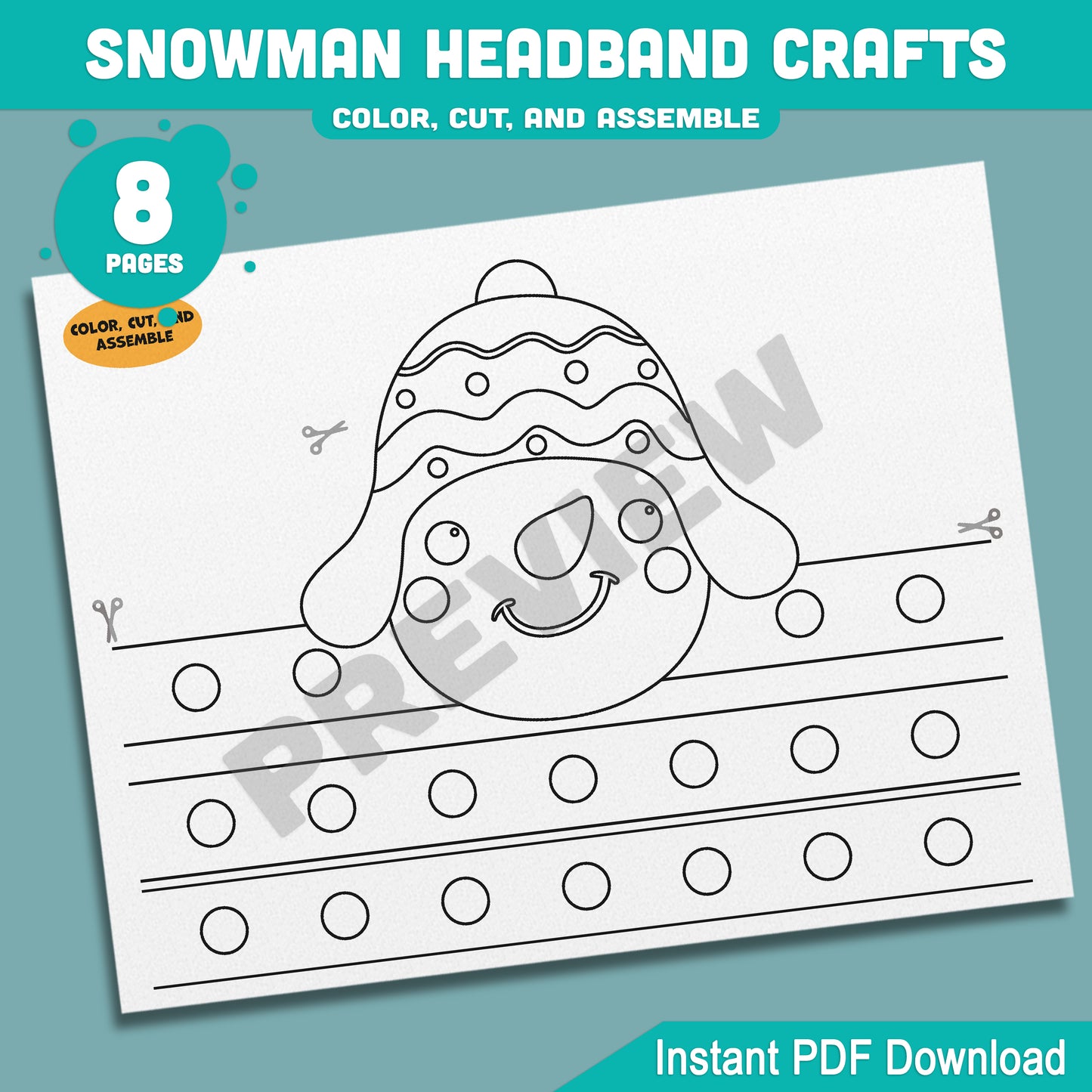 Printable Snowman Headband Crafts, Christmas Crown and Paper Hat Activity, Cut, Color & Assemble, Winter Craft for Kids, 4 Designs, Pre-color + Black & White, PDF Download