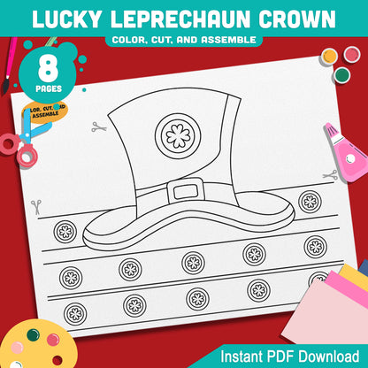 Lucky Leprechaun Crown – St. Patrick’s Day Printable Headband Craft for Kids, Shamrock Wearable Paper Hat Project, Pre-color + Black & White, Color Cut Wear PDF