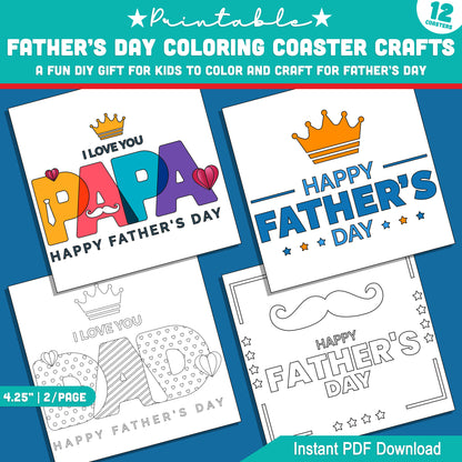 Father’s Day Coloring Tile Coasters – Printable Craft for Kids, 12 Designs, Perfect Gift for Dad, 2 Coasters per Page, Instant PDF Download