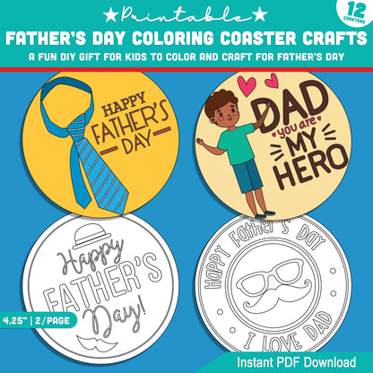Father’s Day Circle Coasters to Color – 12 Kid-Friendly Designs, Great Printable Gift for Dad, 2 per Page, Fun Home or Classroom Craft