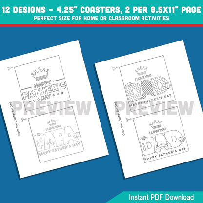 Father’s Day Coloring Tile Coasters – Printable Craft for Kids, 12 Designs, Perfect Gift for Dad, 2 Coasters per Page, Instant PDF Download