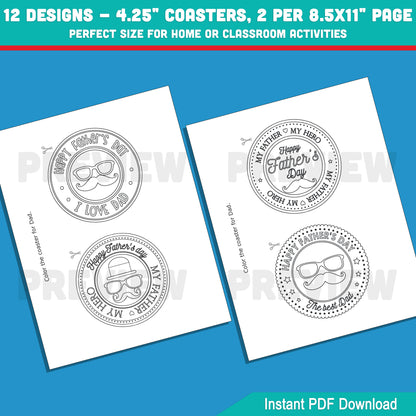 Father’s Day Circle Coasters to Color – 12 Kid-Friendly Designs, Great Printable Gift for Dad, 2 per Page, Fun Home or Classroom Craft
